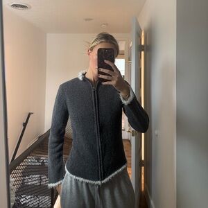 Gray Silk Sweater with White Trim